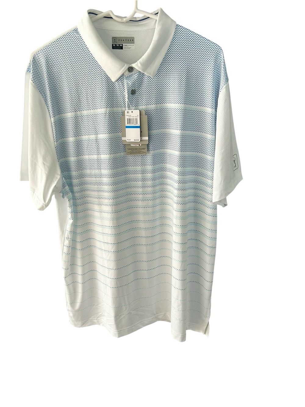 NWT PGA Tour Pro Series White Blue Dots Polo Shirt Athletic Fit UPF 50 Size XL